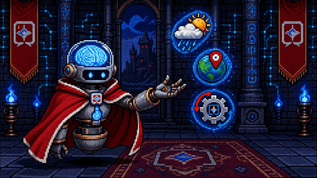 SNES 16-bit pixel art of a robot wizard in a red cape holding floating weather and geocoding tools, with code runes in the background