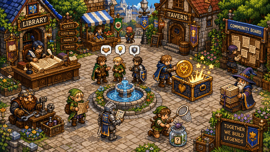 A 16-bit SNES pixel art illustration of a community hub where characters catch bugs in jars, write on scrolls, discuss around a fountain, and donate gold coins.