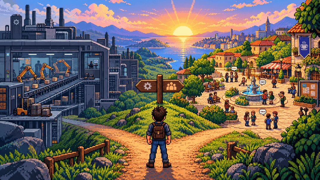16-bit SNES-style pixel art of an engineer standing at a fork in the road, one path leading to an automated factory conveyor belt and the other to a plaza full of people talking, with a sunrise in the background