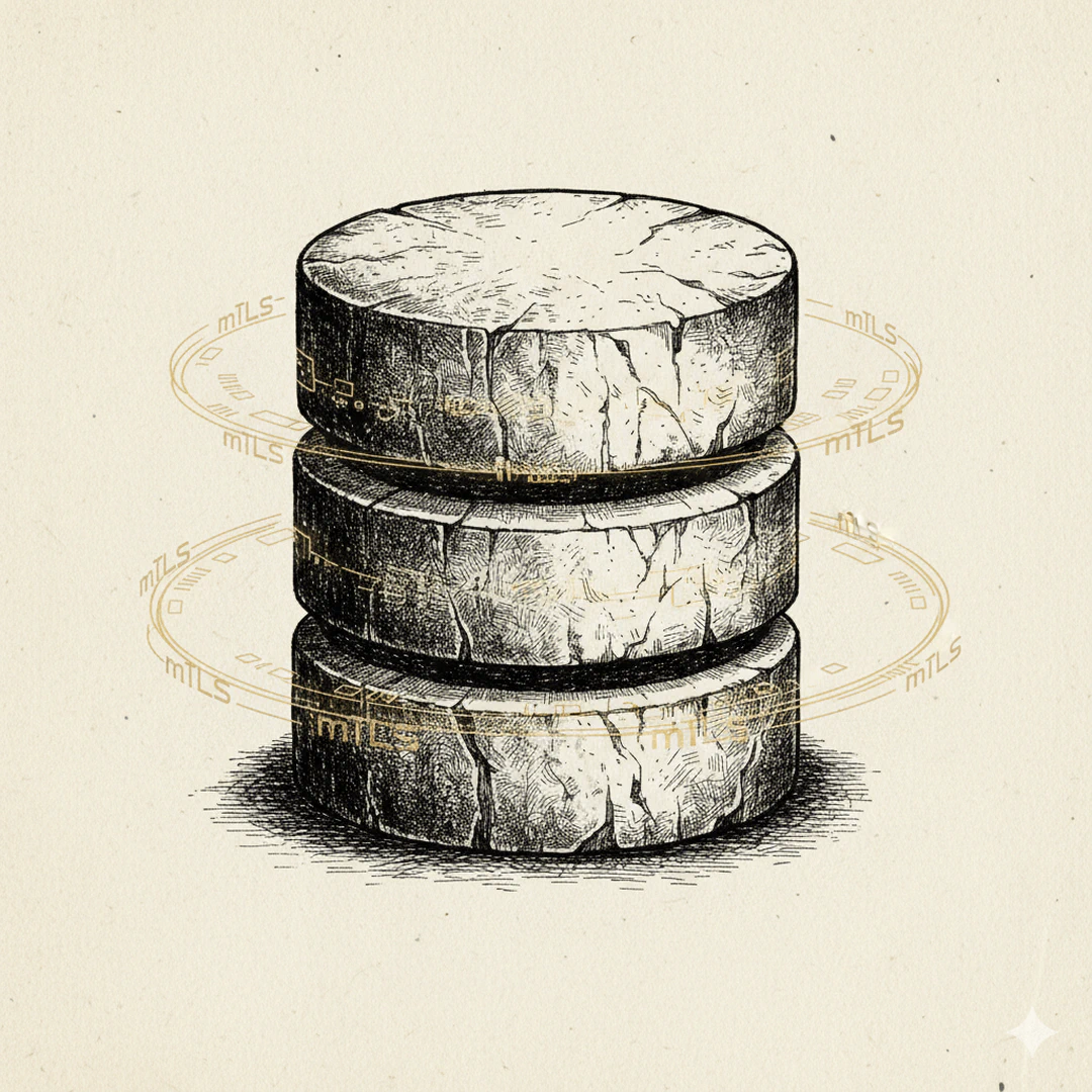 Ink-wash manga style illustration featuring a stone monolith shaped like a cylindrical database, with a glowing golden digital aura representing mTLS connection.