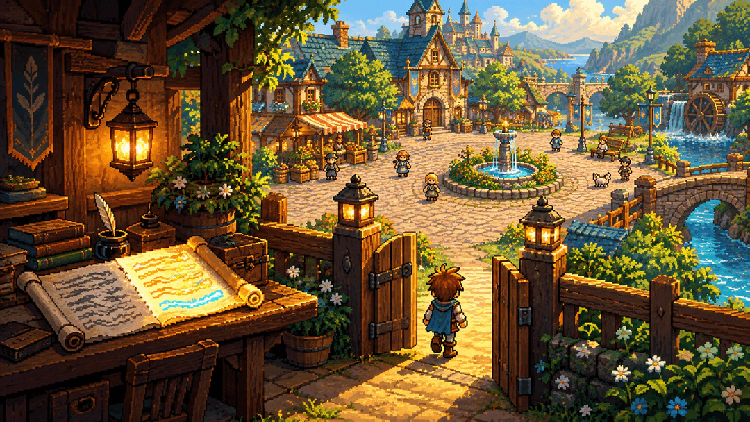16-bit SNES-style pixel art of a character walking through an open wooden gate, past a scribe's desk with a half-translated scroll, into a sunlit village square with a fountain, castle, and bridge in the background