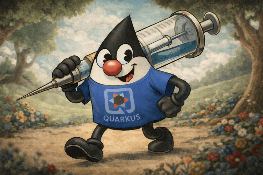 Duke mascot in Cuphead style carrying a giant Quarkus injection needle