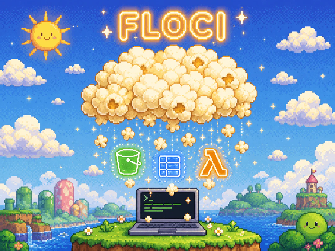 SNES 16-bit pixel art sky with a fluffy popcorn cloud (floccus) raining AWS service icons (S3, DynamoDB, Lambda) onto a pixel laptop, neon FLOCI sign above
