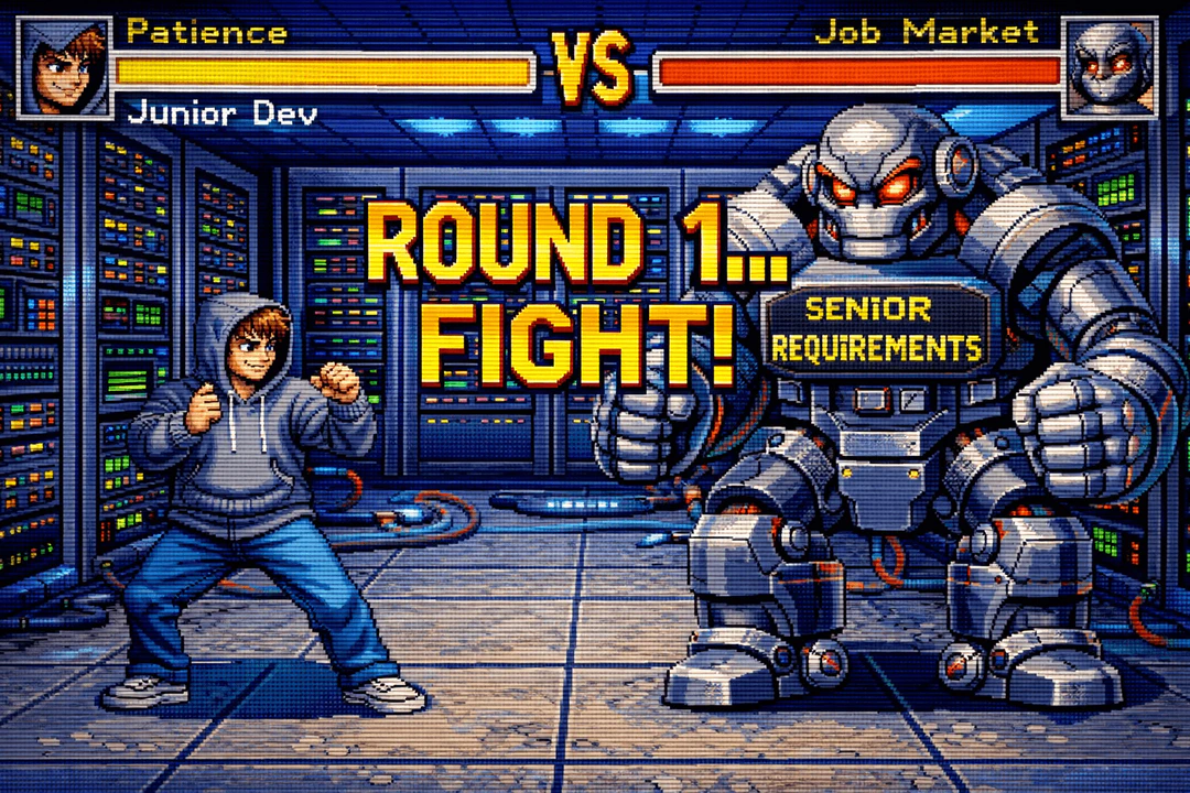 A 16-bit pixel art scene inspired by Street Fighter II on SNES. A fighting stage set in a futuristic server room. A young 'Junior Dev' character in a fighting stance facing a huge robot boss labeled 'SENIOR REQUIREMENTS'.