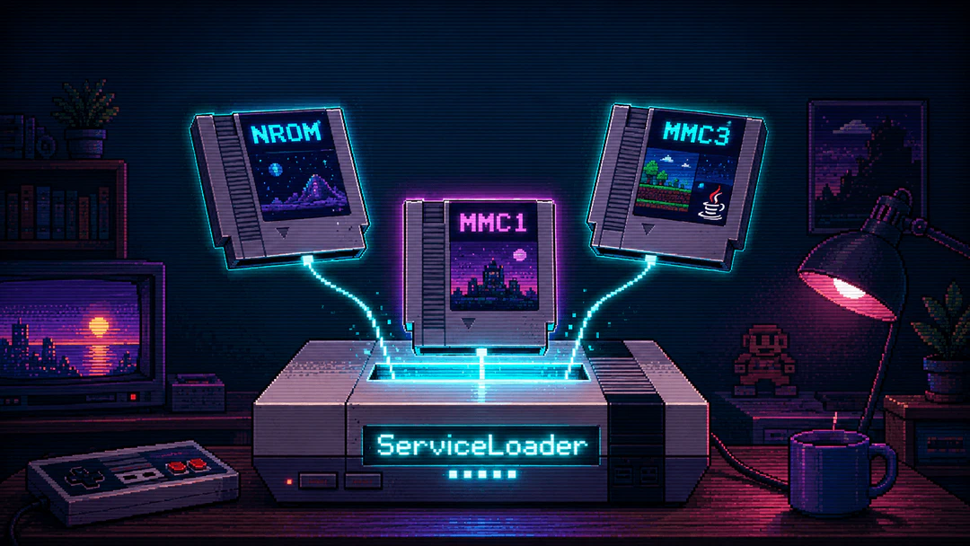 NES-style pixel art: a retro game console with several cartridges floating above its slot, each cartridge labeled like a plugin (NROM, MMC1, MMC3), a glowing 'ServiceLoader' label on the console reading them automatically