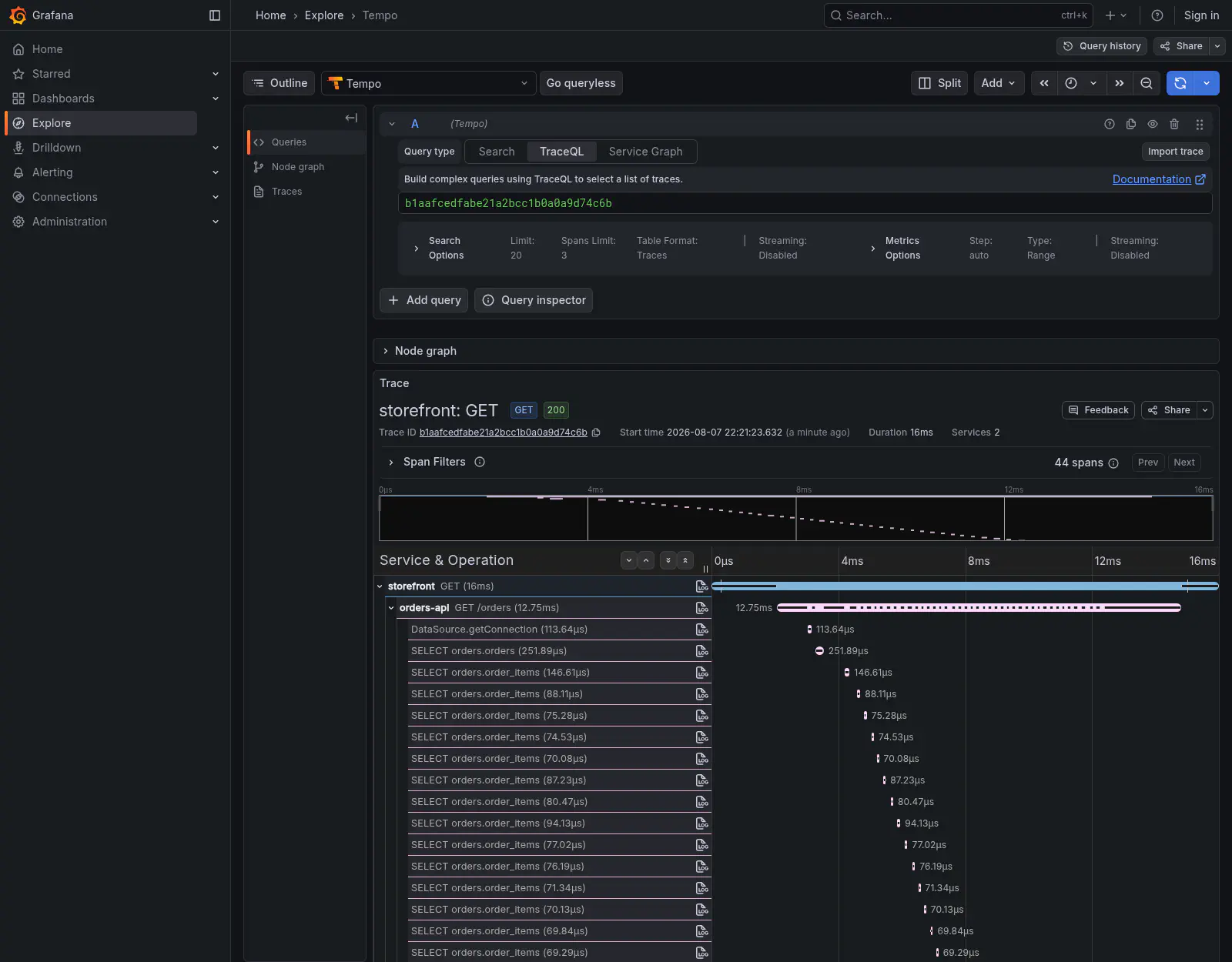 Trace do storefront até o banco: 44 spans, do clique ao SELECT