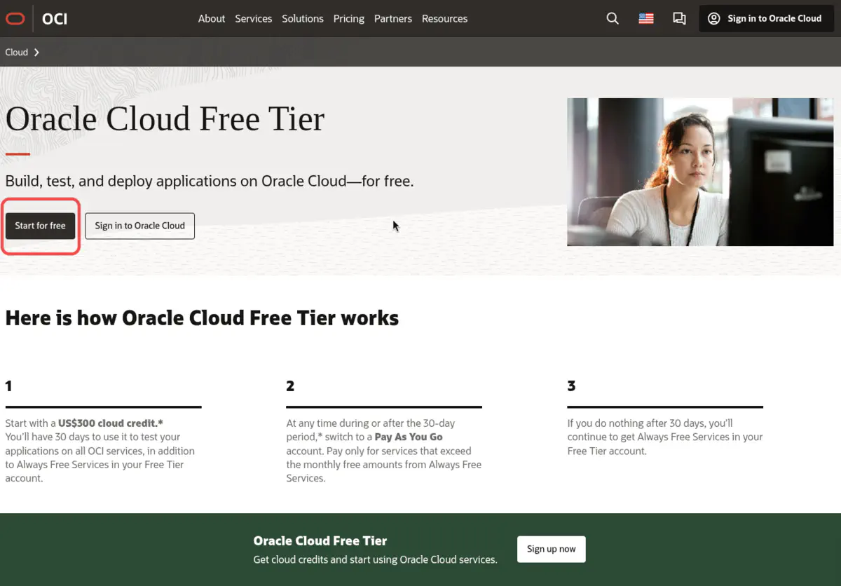 Oracle Cloud portal home screen with the Start for Free button highlighted