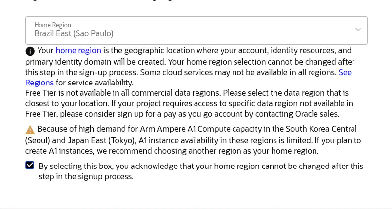 Home Region selector during registration with a warning about the inability to change it later