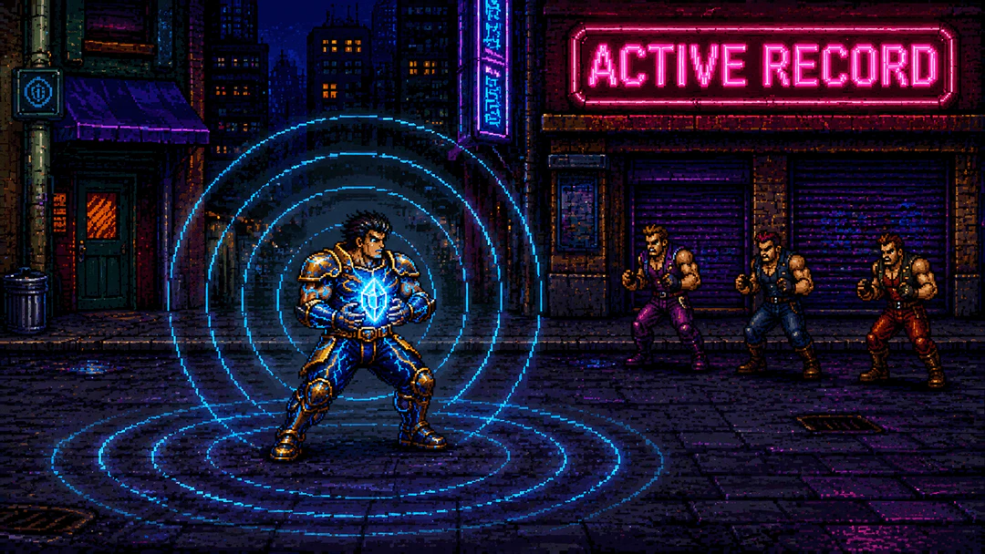 SNES 16-bit pixel art beat 'em up scene of a warrior absorbing database crystal power into their body while reactive energy waves radiate outward, neon ACTIVE RECORD sign in the background