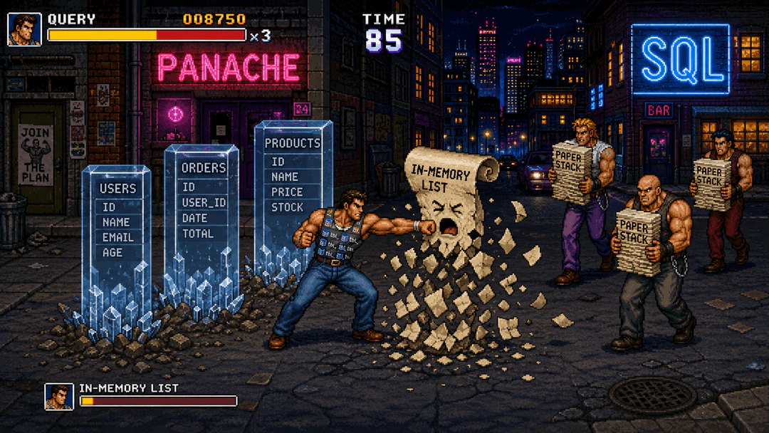 SNES 16-bit pixel art beat 'em up scene of a street fighter shattering an in-memory list enemy while crystal database tables rise from the ground, neon PANACHE sign in the background