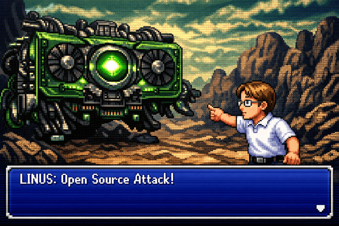 SNES-style pixel art scene featuring Linus Torvalds facing a giant monster shaped like a GPU representing big tech companies, with the caption 'LINUS: Open Source Atack!'