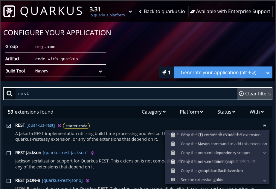 code.quarkus.io interface with REST extension selected