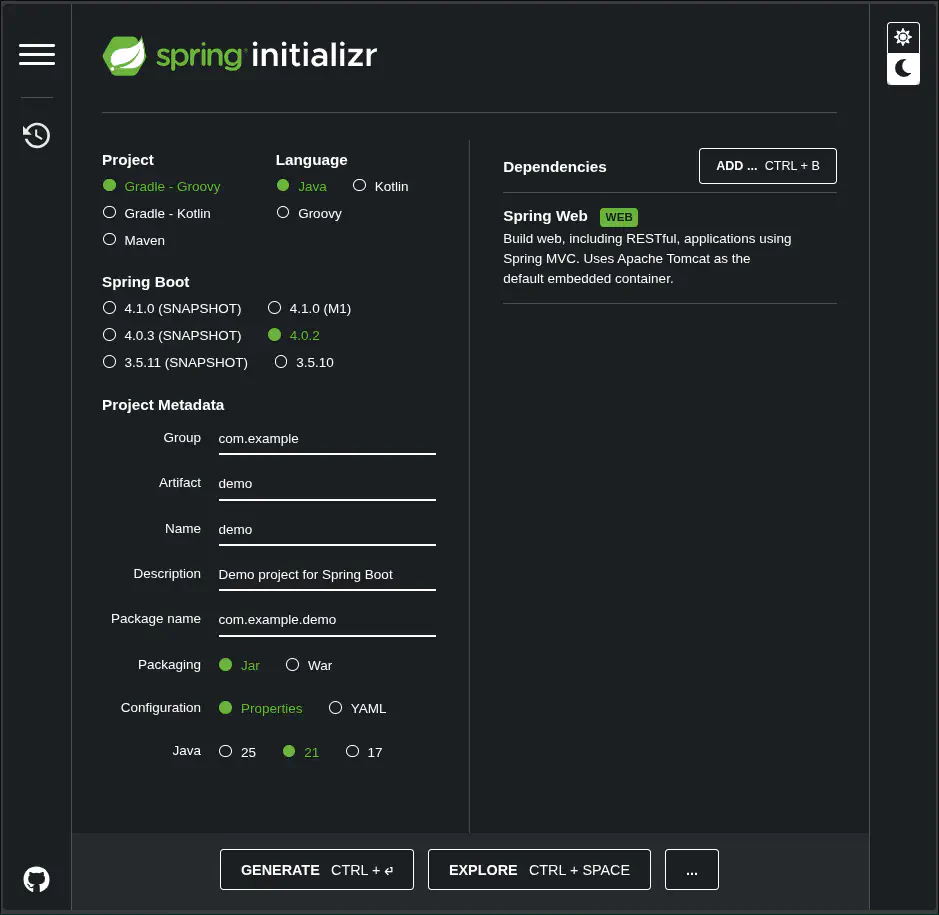 Spring Initializr interface with Spring Web selected