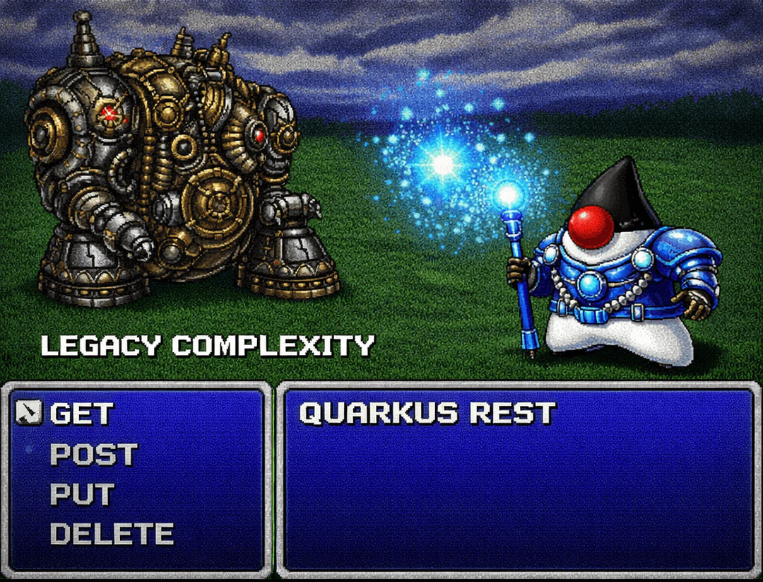 SNES 16-bit pixel art battle screen between a tech-fantasy hero and a 'Legacy Complexity' monster