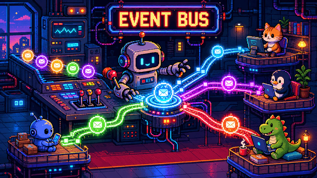 SNES 16-bit pixel art of a retro dispatch center with a robot operator routing glowing message packets down neon rails toward three distinct receiver nodes, neon EVENT BUS sign overhead