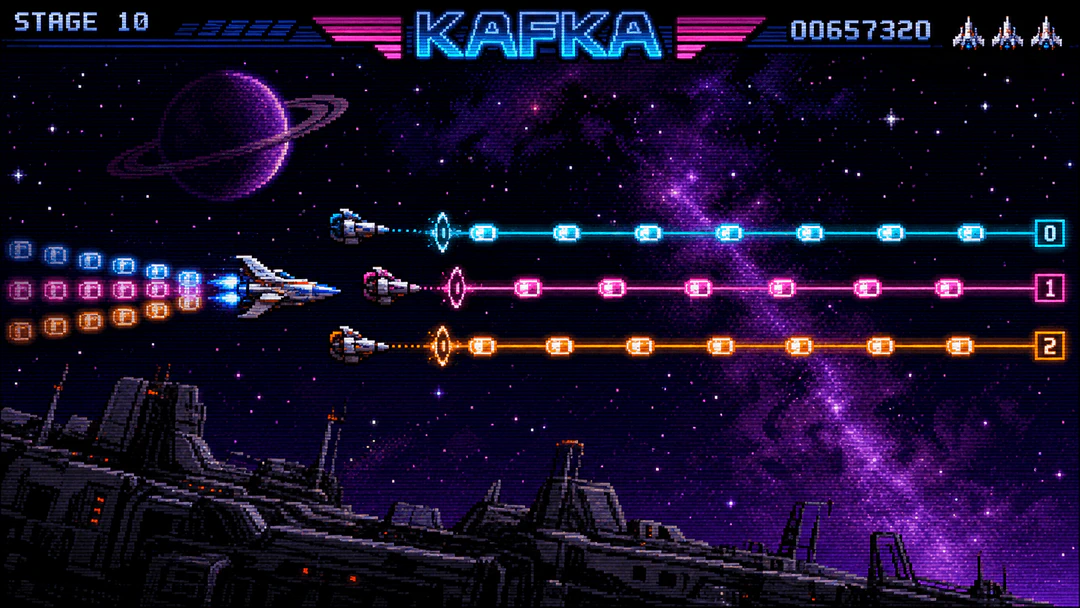 16-bit SNES pixel art of a horizontal shoot-em-up where a starfighter launches data capsules flowing along three neon lanes numbered like partitions, with three satellite drones in formation consuming each lane, KAFKA logo on the HUD