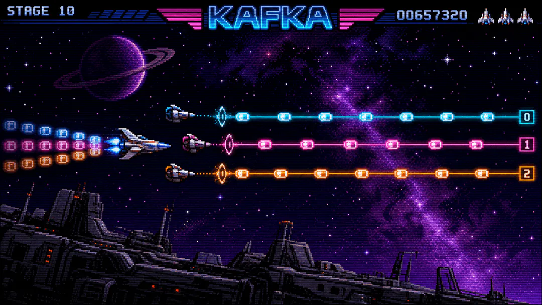 16-bit SNES pixel art of a horizontal shoot-em-up where a starfighter launches data capsules flowing along three neon lanes numbered like partitions, with three satellite drones in formation consuming each lane, KAFKA logo on the HUD