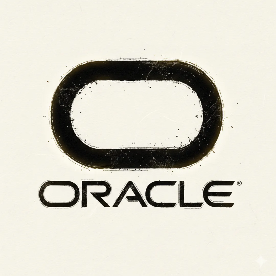 Ilustração no estilo mangá Seinen de alta qualidade do logotipo da Oracle, com pinceladas de tinta carregadas, hachuras pretas profundas e uma aura digital dourada brilhante.
