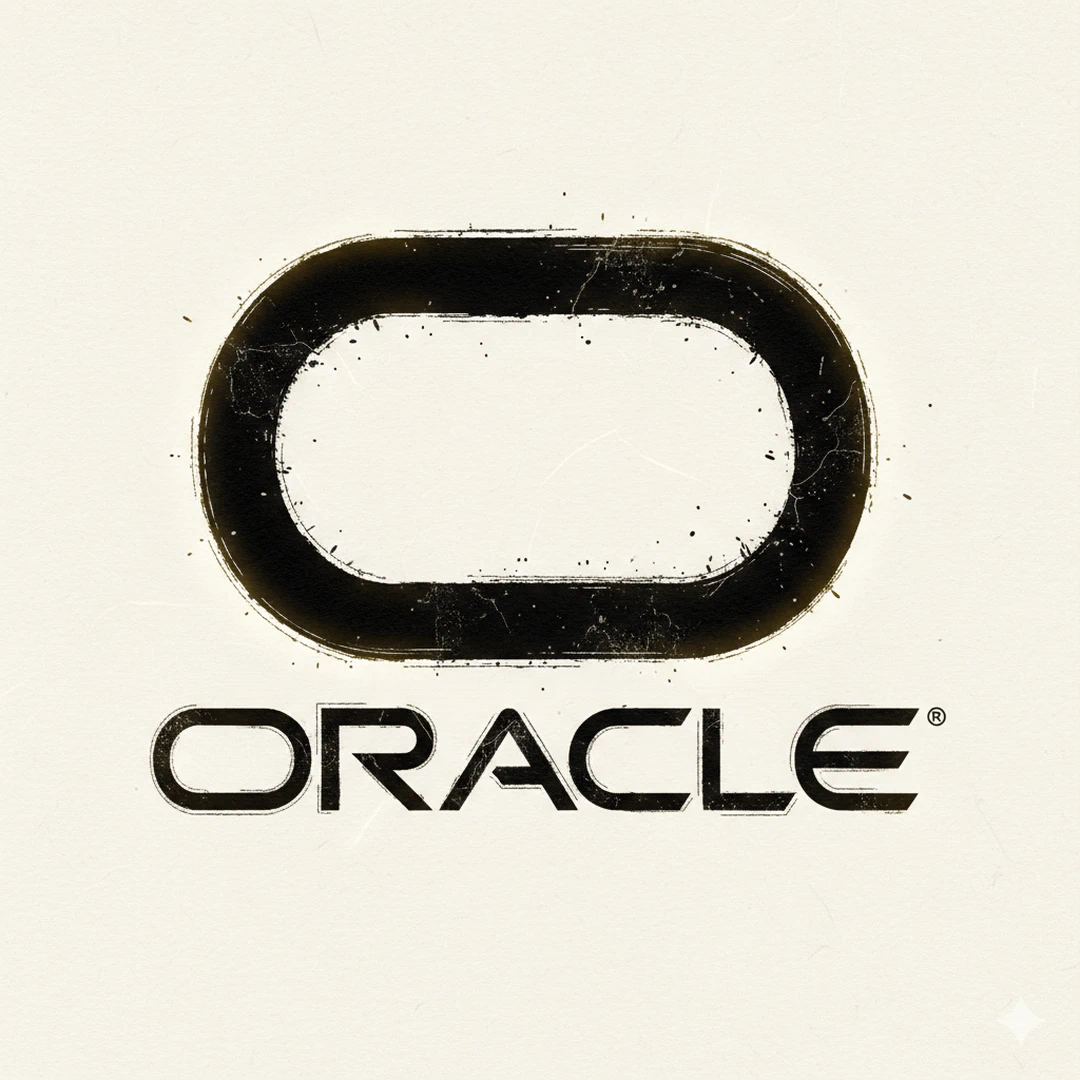 High-end Seinen manga style illustration of the Oracle Logo, featuring heavy ink brush strokes, intricate deep black cross-hatching, and a glowing golden digital aura.