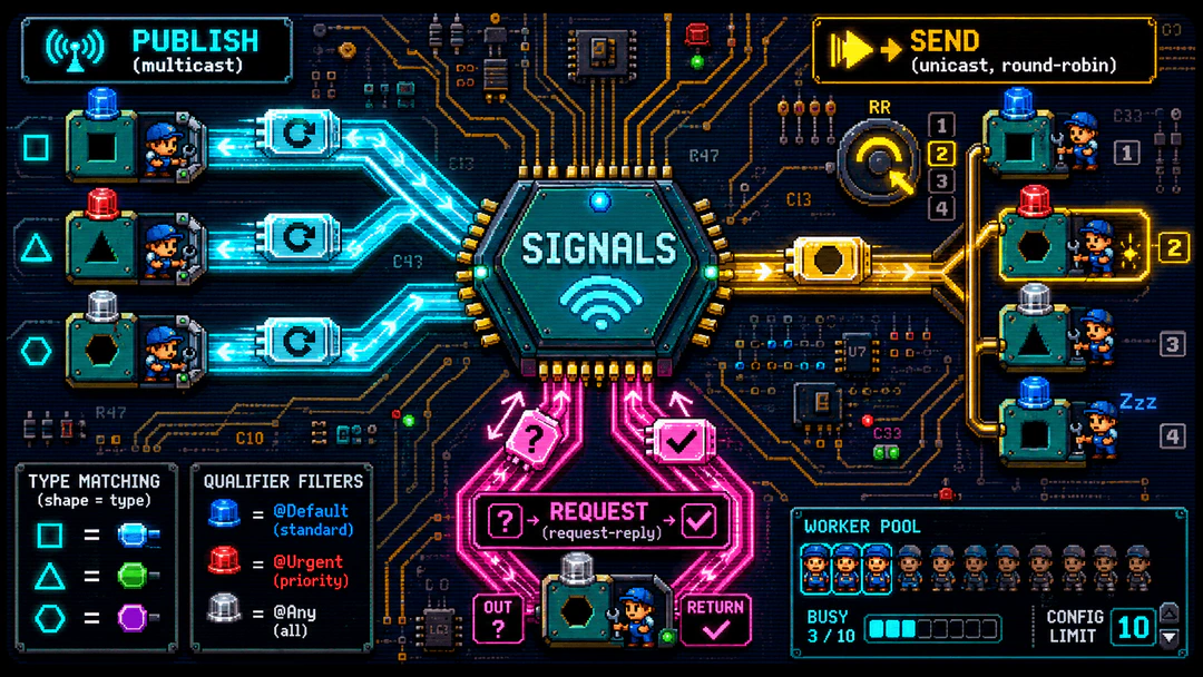 Pixel art SNES 16-bit of a retro dispatch center with a robot operator routing glowing message packages through neon rails to three distinct receiver nodes, neon SIGNALS sign above