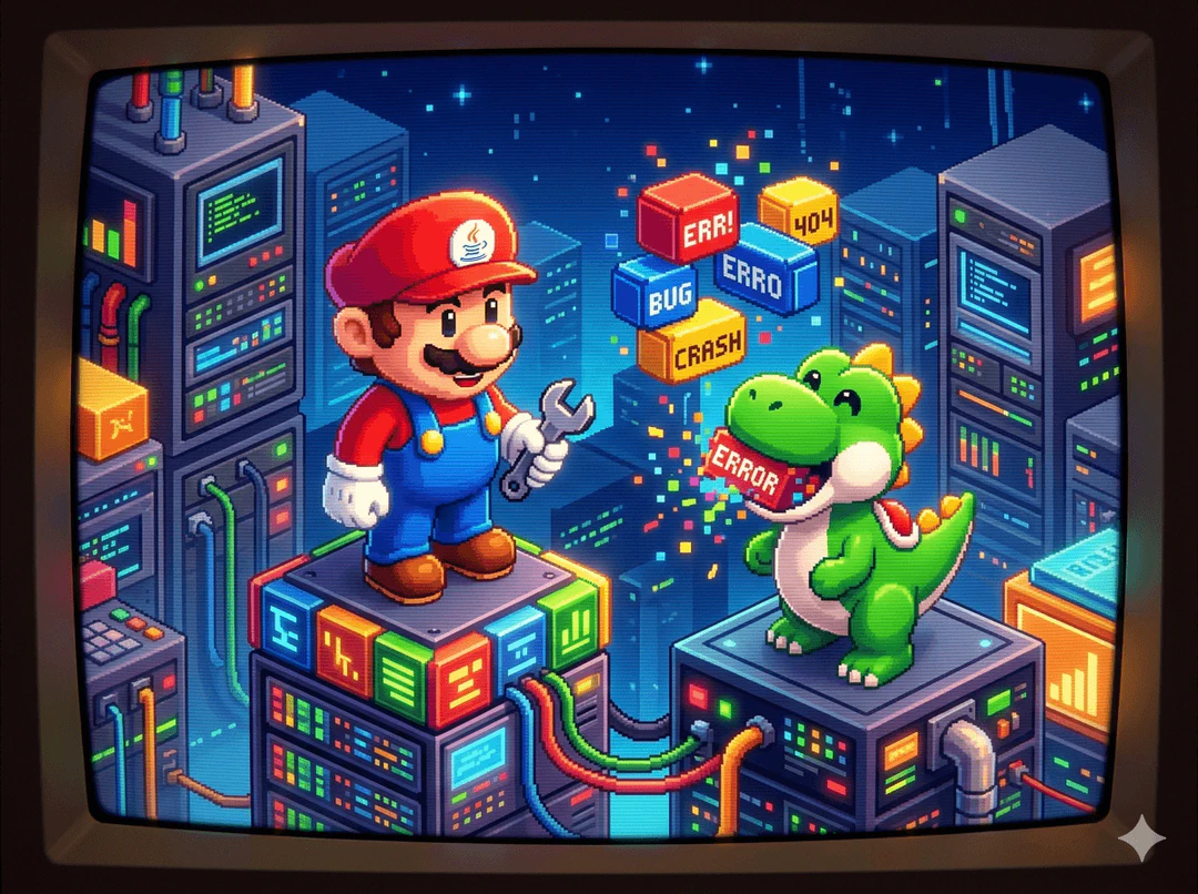 A 3D pixel art scene with an old CRT TV filter, featuring a friendly red-capped character with a Java logo alongside a green dinosaur-like creature swallowing pixelated data blocks in a retro-tech world.